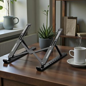May include: Two black laptop stands with silver accents are displayed on a dark wooden table. The stands are adjustable and have a modern design. A white coffee cup and saucer sit to the right, with a small plant in a gray pot in the background.