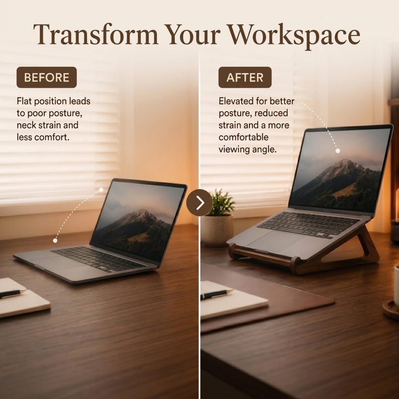 May include: A split-screen comparison showing a laptop on a desk. The left side labeled BEFORE shows a laptop flat on the surface. The right side labeled AFTER shows the same laptop on a dark wooden stand, elevating the screen for viewing.
