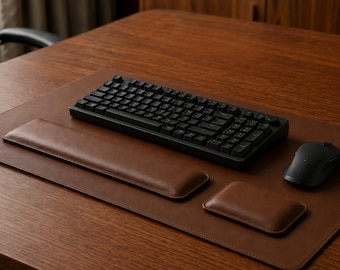 PU Leather Desk Mat with Ergonomic Keyboard Wrist Rest, Premium Desk Pad Set, WFH Office Setup, Tech Workspace Accessories, Gift for Boss