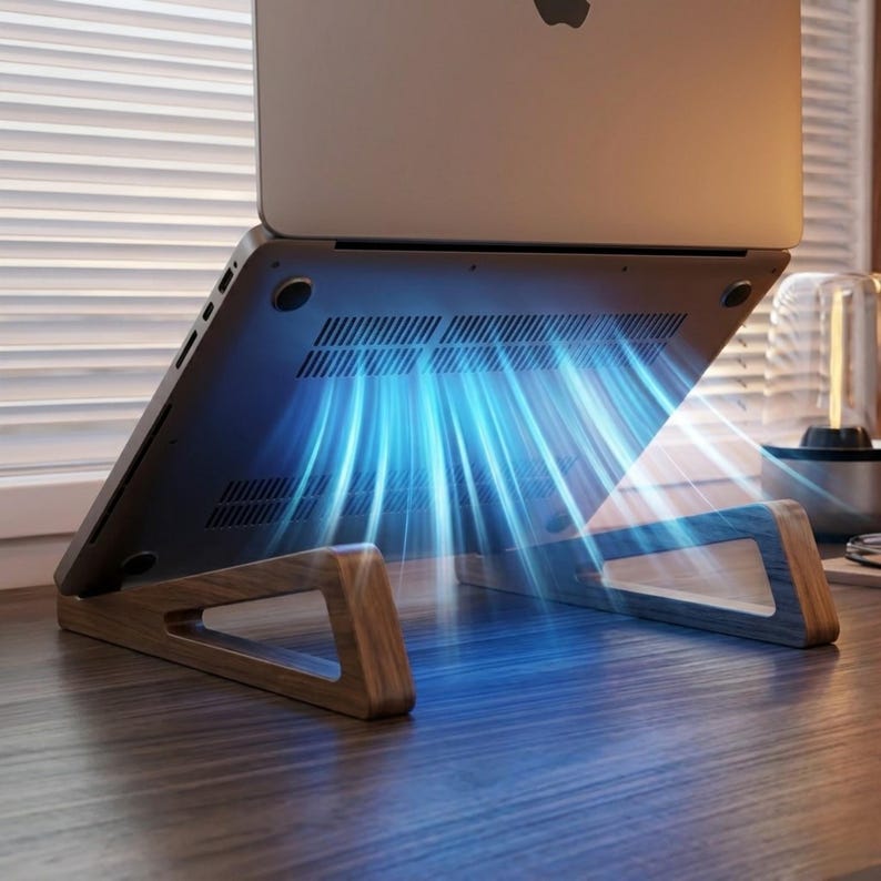 May include: A silver laptop resting on a dark wood grain laptop stand. The underside of the laptop features ventilation slots with a bright blue light effect emanating from them, suggesting active cooling airflow directed downward toward the stand.