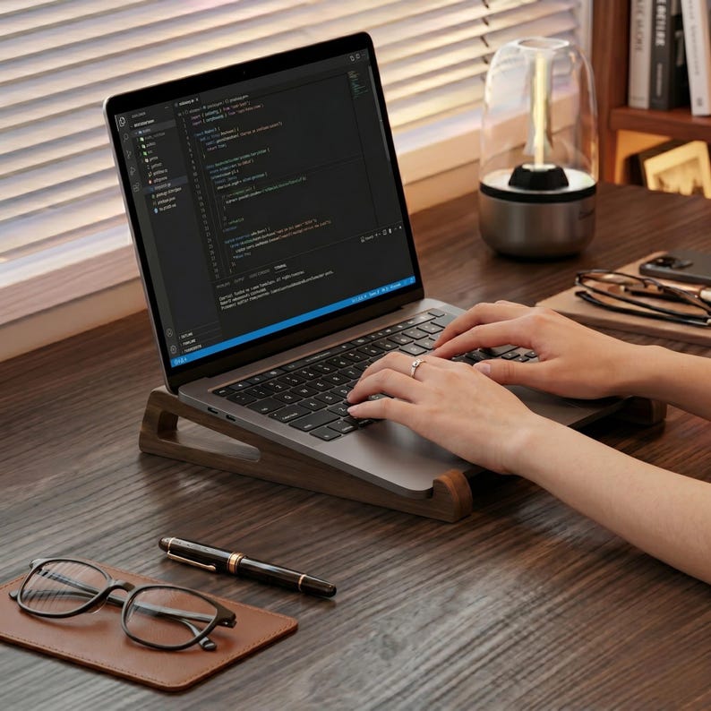 May include: A dark gray laptop computer is positioned on a curved wooden stand. The screen displays lines of code within a software interface. A black fountain pen and black-rimmed eyeglasses rest on a brown leather mat nearby on the desk.