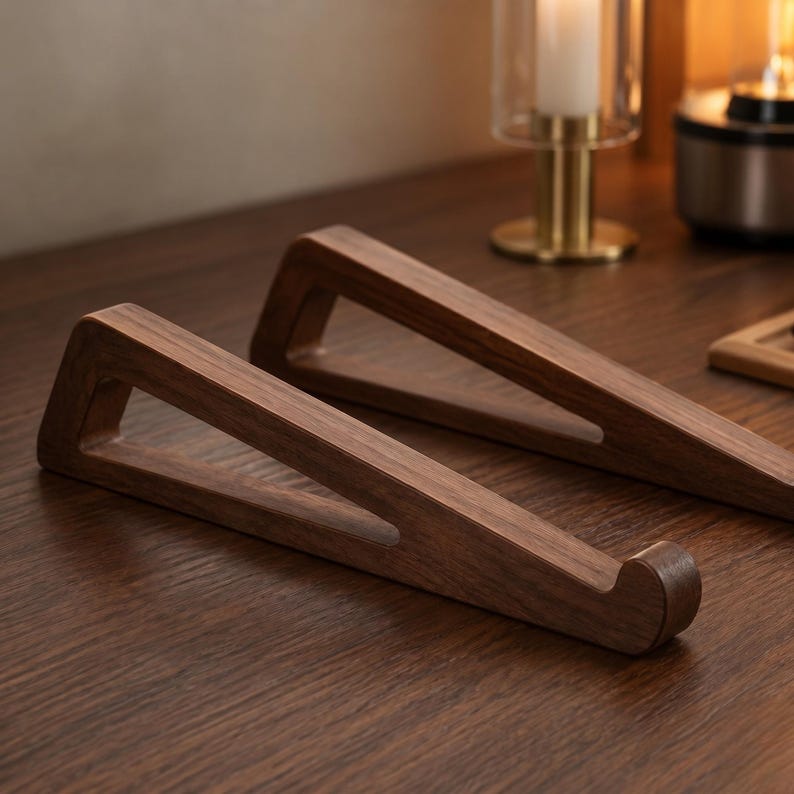 May include: A pair of dark brown wooden laptop stands with a triangular, open-frame design. Each stand features a smooth, polished finish and a curved hook at the front end to securely hold a laptop in an elevated, angled position for viewing.