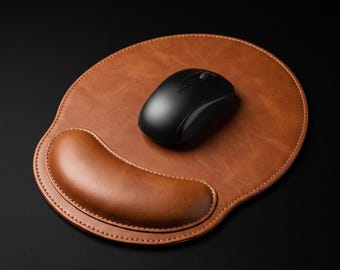 Ergonomic Mouse Pad Leather Wrist Rest, Architect Desk Mat, Mac Accessories, Minimalist Brown Oval Pad, Vegan WFH Office Gift, Non Slip