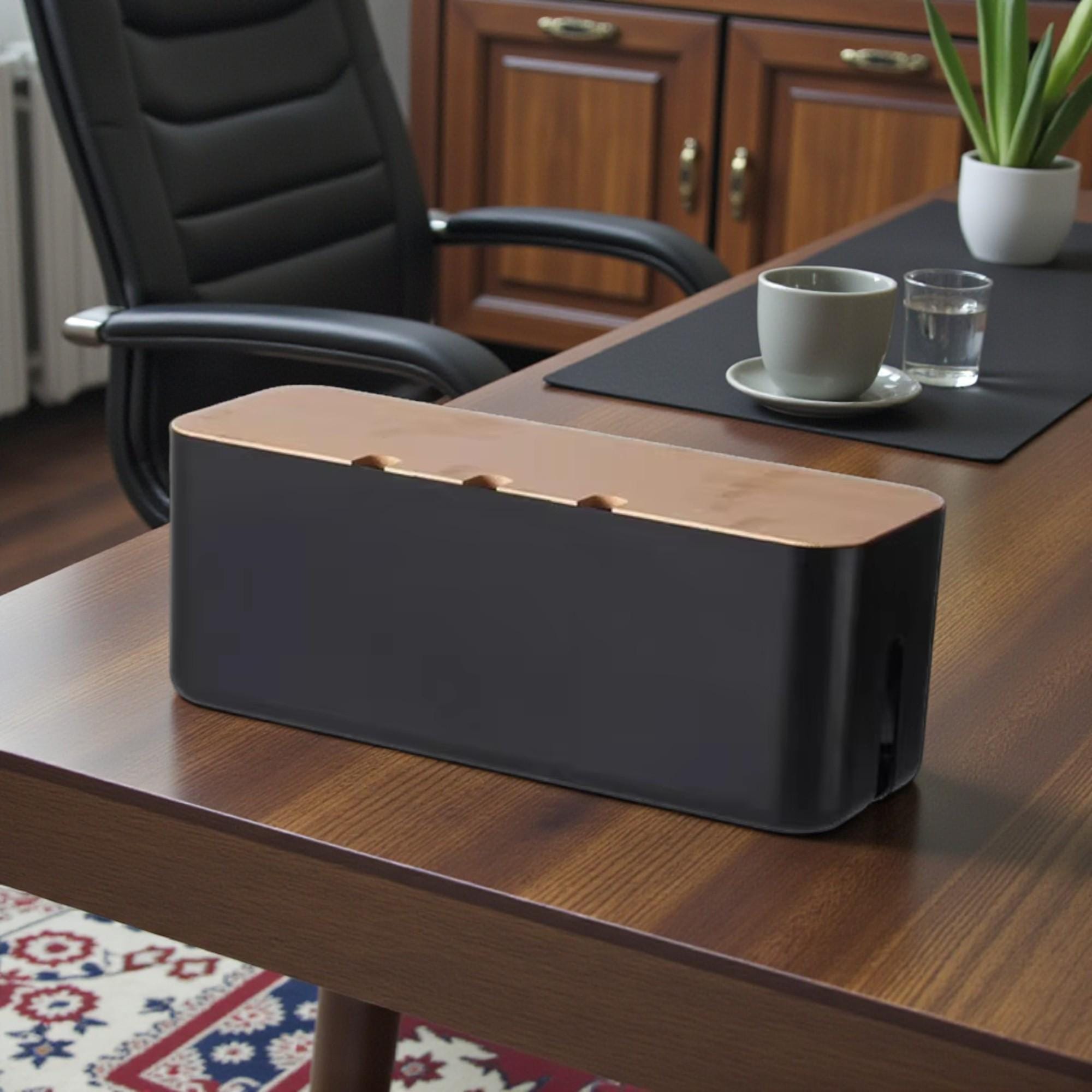 Bamboo Cable Management Box – Small Cord Organizer With Magnetic Lid Tray, Hides Power Strips & Messy Wires