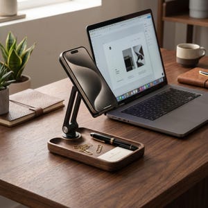 Adjustable Wood Phone Stand & Tablet Holder, Walnut Desk Organizer Tray, Ergonomic Phone Mount, Premium Office Desk Accessory Gift for Mac