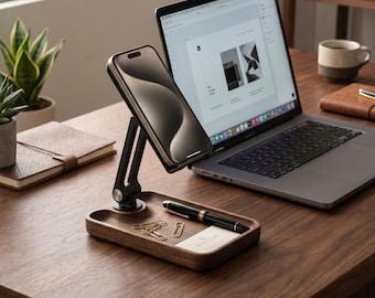 Adjustable Wood Phone Stand & Tablet Holder, Walnut Desk Organizer Tray, Ergonomic Phone Mount, Premium Office Desk Accessory Gift for Mac
