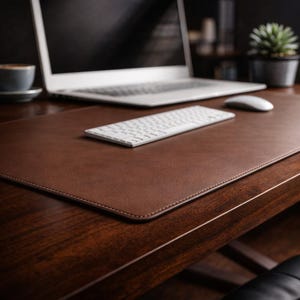 Può includere: Un tappetino da scrivania in pelle marrone con bordo cucito. Una tastiera, un mouse e un laptop bianchi sono sulla scrivania. Sono visibili anche una tazza di caffè e una piccola pianta in vaso.