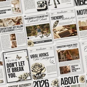 Pode incluir: Uma coleção de modelos de mídia social em estilo jornal com várias manchetes e imagens. Os modelos apresentam textos como "Autenticidade sobre a perfeição", "Fontes estéticas de tendências" e "Não deixe que isso te quebre". O design usa um esquema de cores em preto e branco.