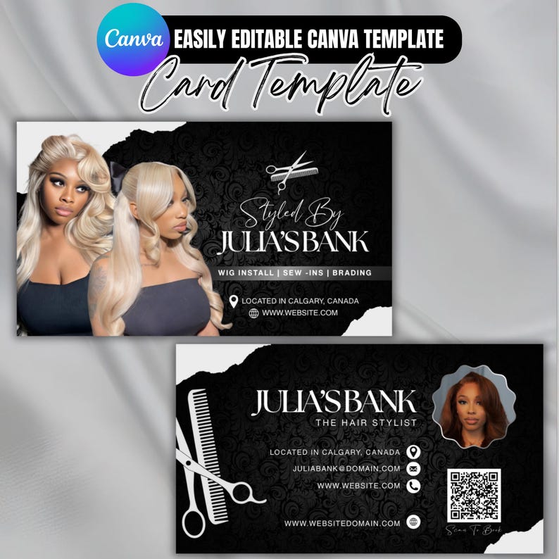 Modern Hair Stylist Business Card Template, Beauty Salon Card for Wig & Braid Stylists, Luxury Modern Hair Stylist Business Card, DIY Canva