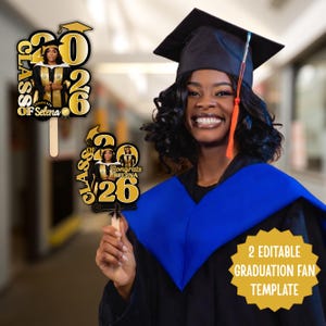 Black & Gold 2026 Graduation Fan Template, Printable Graduation Paddle Fan, Editable Grad Fan, Class of 2026, 2 Templates, Instant Download