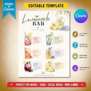 May include: An editable Lemonade Bar template featuring watercolor illustrations of six different drinks, including Berry Bliss, Ocean Spark, Sunset Sip, Peachy Dream, Grape Glow, and Golden Fresh, with descriptive text and a pitcher of lemonade.
