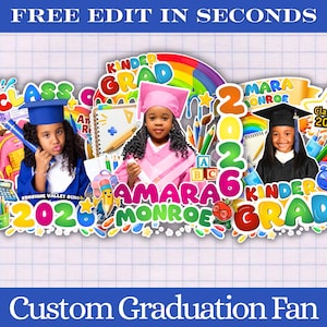 06x Pre-K & Kindergarten Graduation Fan Template Bundle, Playful Cap Keepsakes, Junior Graduate Milestone Suite, Young Grad, Canva Editable