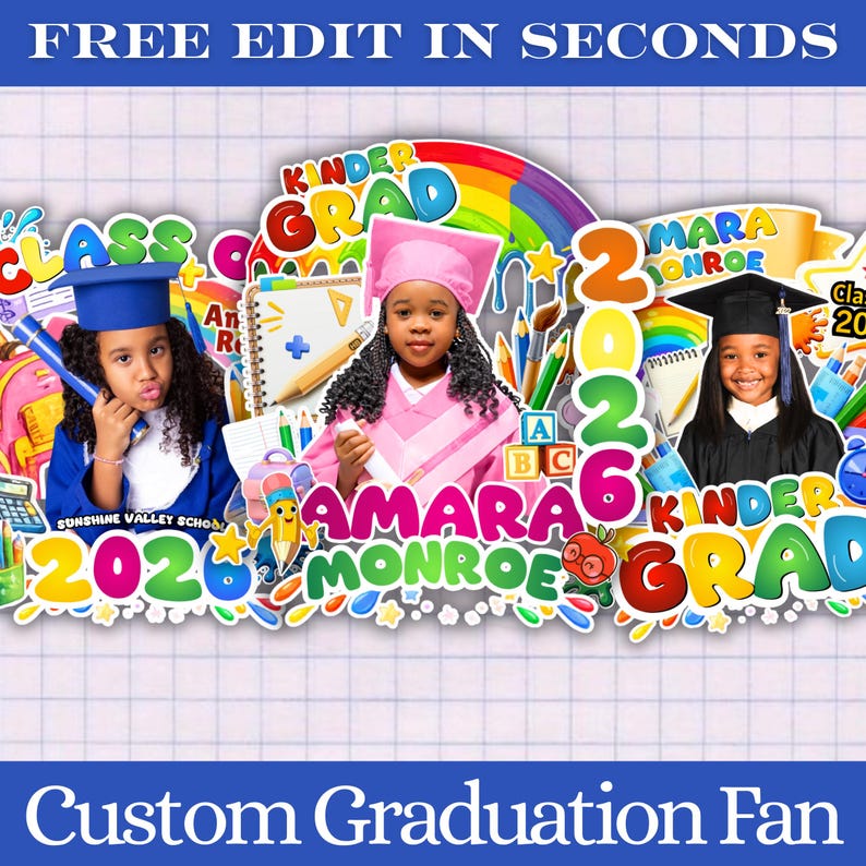 06x Pre-K & Kindergarten Graduation Fan Template Bundle, Playful Cap Keepsakes, Junior Graduate Milestone Suite, Young Grad, Canva Editable