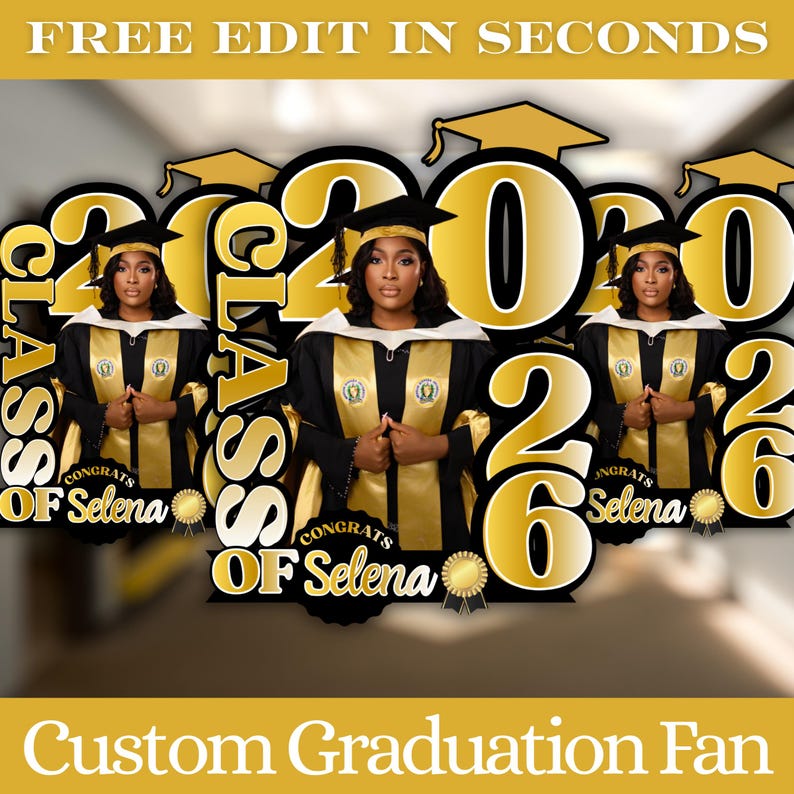 Black & Gold 2026 Graduation Fan Template, Printable Graduation Paddle Fan, Editable Grad Fan, Class of 2026, 2 Templates, Instant Download