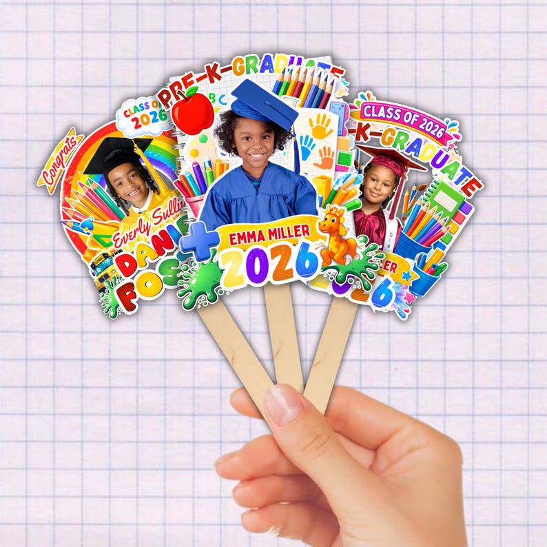 06x Pre-K & Kindergarten Graduation Fan Template Bundle, Playful Cap Keepsakes, Junior Graduate Milestone Suite, Young Grad, Canva Editable