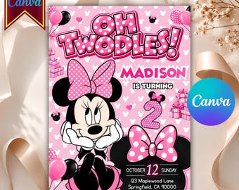 May include: A pink birthday invitation card featuring Minnie Mouse, the text OH TWODLES!, MADISON IS TURNING 2, and event details including October 12, 123 Maplewood Lane, Springfield, CA 90000, and RSVP information with a phone number.