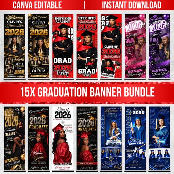 15X Graduation Banner Canva Editable Template Bundle, Custom Photo Grad Celebration, Class of 2026, Banner Design, Grad Parties, DIY Canva