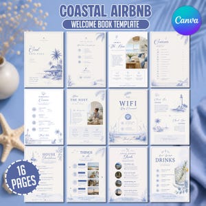 May include: A Coastal Airbnb welcome book template featuring 16 pages with blue and white illustrations of palm trees, lighthouses, and coastal scenes. The pages include text headers like The Coral Cove Villa, Contents, The Host, and House Guidelines.