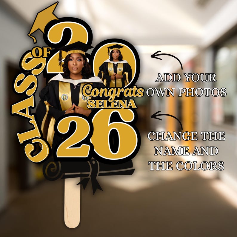 Black & Gold 2026 Graduation Fan Template, Printable Graduation Paddle Fan, Editable Grad Fan, Class of 2026, 2 Templates, Instant Download