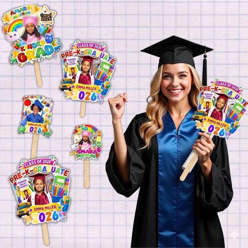 06x Pre-K & Kindergarten Graduation Fan Template Bundle, Playful Cap Keepsakes, Junior Graduate Milestone Suite, Young Grad, Canva Editable