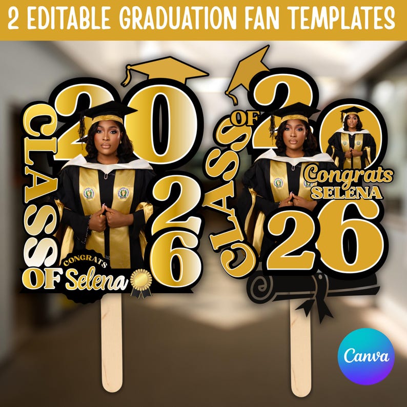 Black & Gold 2026 Graduation Fan Template, Printable Graduation Paddle Fan, Editable Grad Fan, Class of 2026, 2 Templates, Instant Download