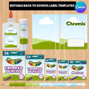 May include: Editable back to school label templates featuring a glue bottle, glue stick, and rectangular labels with a sky and grass design. Below are five boxes of Chromix colored pencils and markers in various counts, plus a single wooden pencil.