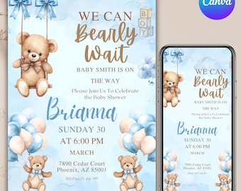 May include: Baby shower invitation with a blue and white watercolor background. The invitation features teddy bears, balloons, and the text "We Can Bearly Wait." The invitation includes the baby's name, date, time, and location.