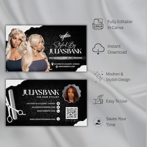 Modern Hair Stylist Business Card Template, Beauty Salon Card for Wig & Braid Stylists, Luxury Modern Hair Stylist Business Card, DIY Canva