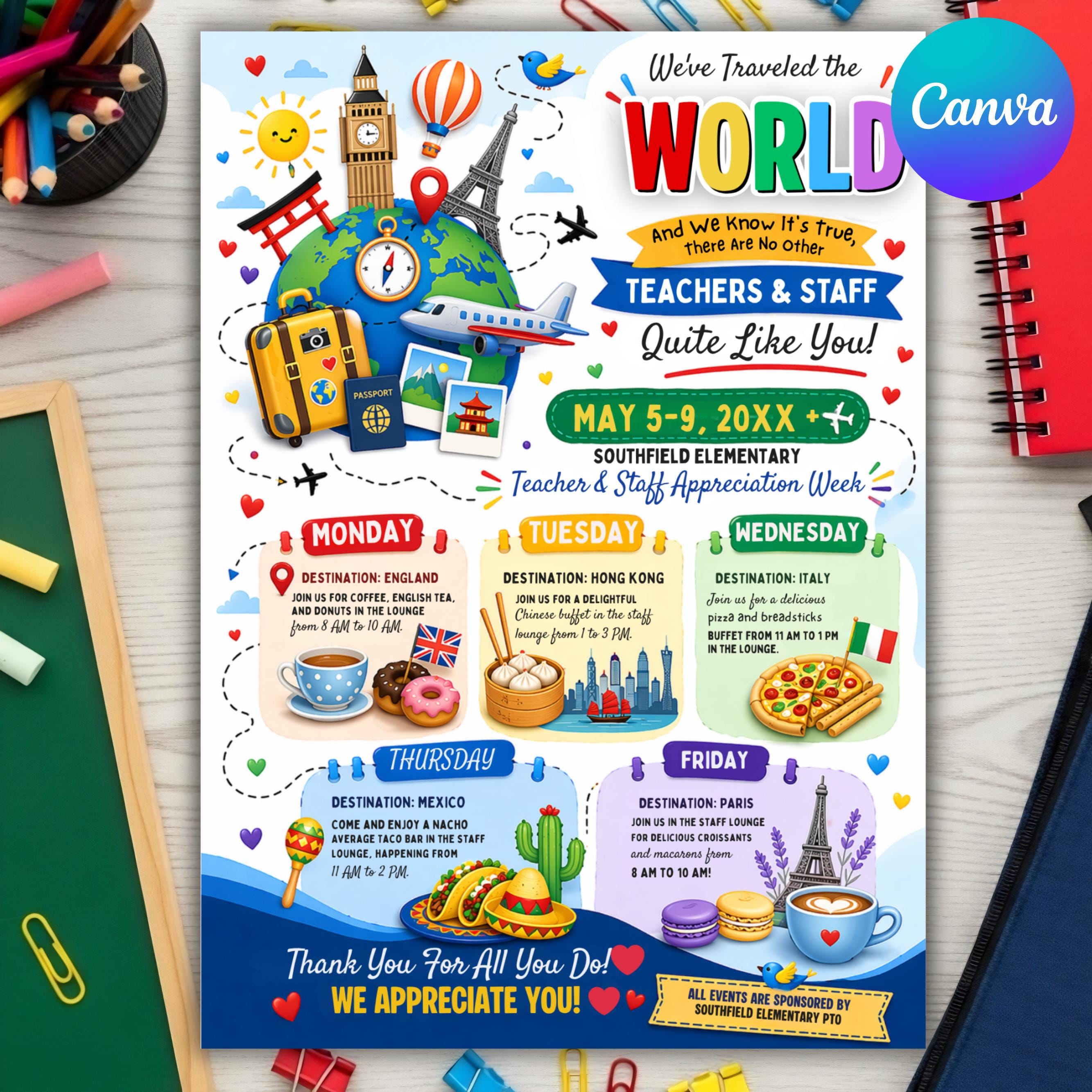 International Teacher Appreciation Week Itinerary Flyer, Travel Theme ...