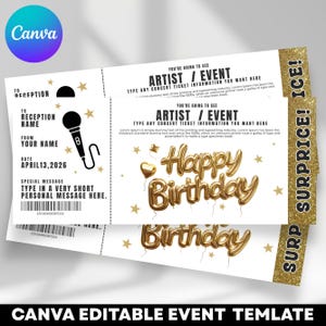 Puede incluir: Entradas para eventos con un borde dorado brillante. Las entradas presentan un gráfico de micrófono, detalles de estrellas y las palabras "Happy Birthday" en letras de globo doradas. Las entradas están diseñadas para ser personalizadas.
