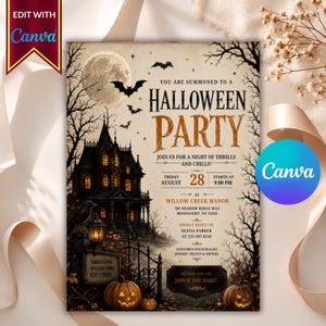 Puede incluir: Una tarjeta de invitación para una fiesta de Halloween con una mansión embrujada, luna llena, murciélagos y dos calabazas. El texto dice: You are summoned to a Halloween party, join us for a night of thrills and chills, Friday August 28, 9:00 PM.