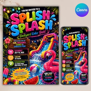 May include: A digital invitation for a Splish Splash Backyard Water Bash featuring a colorful inflatable slide, a pink flamingo pool float, a beach ball, and a watermelon slice. The text includes event details for July 19, 2025, at Oceanview Pool.