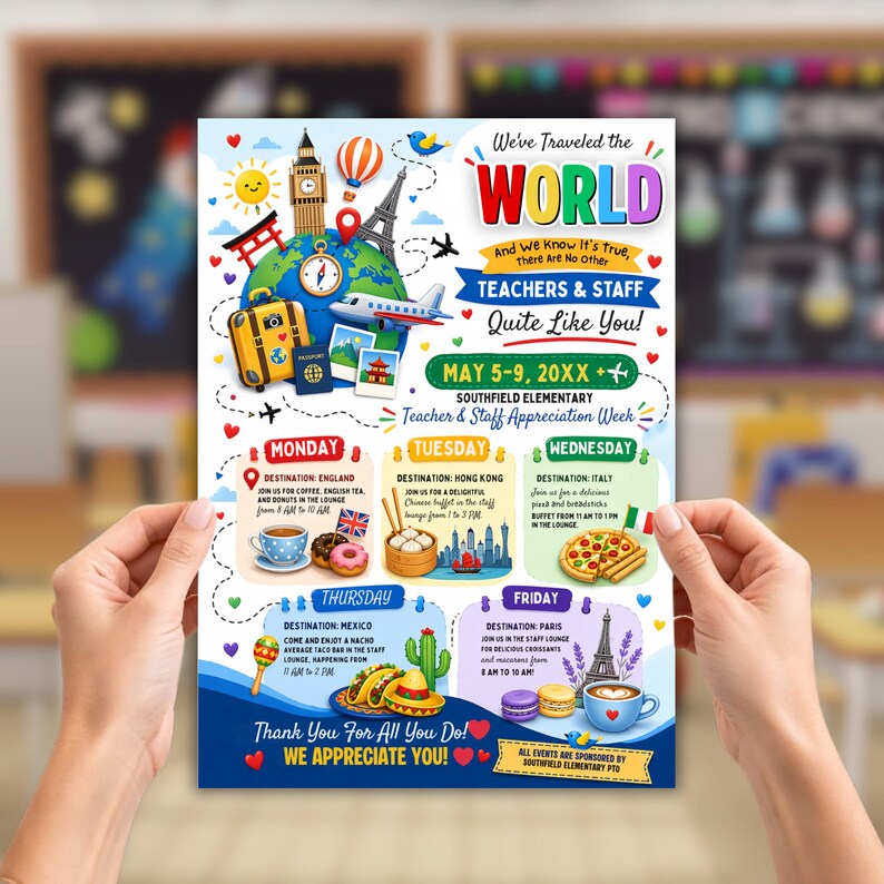 International Teacher Appreciation Week Itinerary Flyer, Travel Theme ...