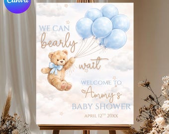 Letrero de bienvenida para baby shower, baby shower de osito de peluche, invitación para baby shower "Apenas podemos esperar", baby shower de niño azul estilo boho con osito, editable en Canva