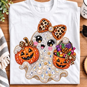 May include: A white t-shirt featuring a graphic of a ghost adorned with rhinestones and pearls. The ghost wears a leopard print bow, holds an orange jack-o'-lantern, and carries a pumpkin-shaped bucket filled with colorful Halloween candy.