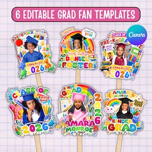 06x Pre-K & Kindergarten Graduation Fan Template Bundle, Playful Cap Keepsakes, Junior Graduate Milestone Suite, Young Grad, Canva Editable