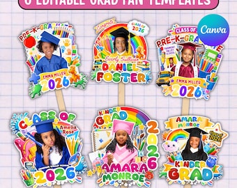 06x Pre-K & Kindergarten Graduation Fan Template Bundle, Playful Cap Keepsakes, Junior Graduate Milestone Suite, Young Grad, Canva Editable