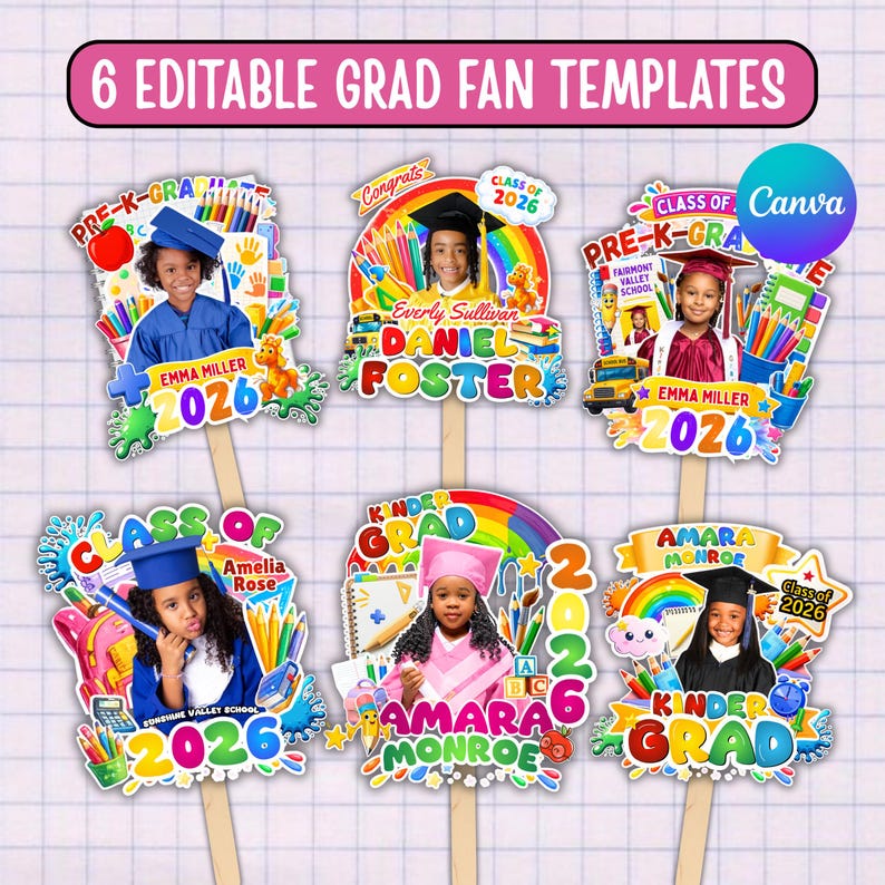 06x Pre-K & Kindergarten Graduation Fan Template Bundle, Playful Cap Keepsakes, Junior Graduate Milestone Suite, Young Grad, Canva Editable