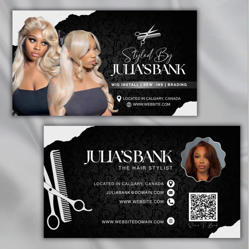 Modern Hair Stylist Business Card Template, Beauty Salon Card for Wig & Braid Stylists, Luxury Modern Hair Stylist Business Card, DIY Canva