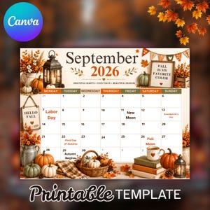 Puede incluir: Un calendario de septiembre de 2026 con ilustraciones otoñales que incluyen calabazas, linternas, una cesta y follaje. El texto incluye "September 2026", "Grateful Hearts, Cozy Days, Beautiful Season", "Fall is my favorite color" y "Hello Fall".