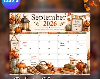 Editable September 2026 Calendar, Monthly Planner Printable PDF, School, Work, Office & Home Organizer, Instant Download, Canva Editable