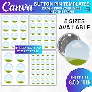 Könnte beinhalten: Canva Button-Pin-Vorlagen mit dem Text 'BUTTON PIN TEMPLATES DRAG & DROP YOUR IMAGE INTO THE FRAME'. 8 Größen verfügbar: 2,54 cm, 3,18 cm, 3,81 cm, 4,45 cm, 5,08 cm, 5,72 cm, 7,62 cm, 8,89 cm auf 21,59 x 27,94 cm Blättern, inklusive einem Button.