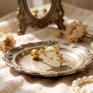 May include: A gold-tone earring featuring a pearl and star design, embellished with small clear crystals. The earring is presented on a decorative silver plate, with a pearl necklace and a vintage mirror in the background.