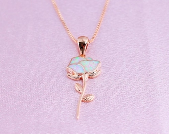 Opal Rose Pendant Necklace, Blossom Chain