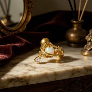 Peut inclure: Boucle d'oreille dorée avec un design de planète, comprenant un centre en opale blanche, une étoile et une pierre précieuse claire pendante. La boucle d'oreille est posée sur une surface en marbre, avec un arrière-plan flou.