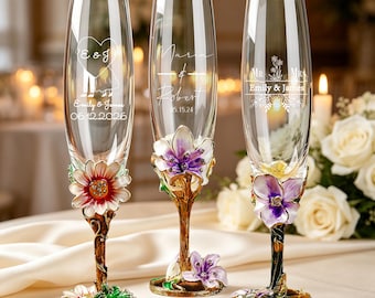 Personalized Floral Enamel Champagne Flutes, Custom Painted Flower Mr & Mrs Toasting Glasses, Romantic Wedding Engagement Gift