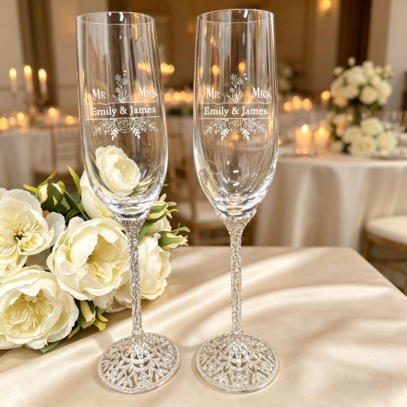 May include: Two clear glass champagne flutes with tall, slender bowls and stems encrusted with small, sparkling crystals. Each glass features white etched text reading "MR. MRS. Emily & James" above a floral design with leaves and roses.