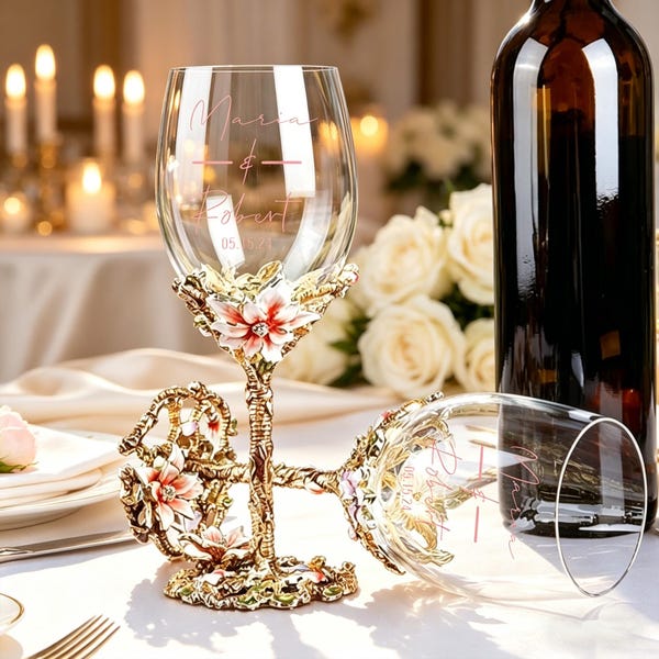 Custom Wedding Enamel Wine Glasses, Personalized Mr & Mrs Goblets, Bow Pearl Heart Design, Bridal Shower Gift