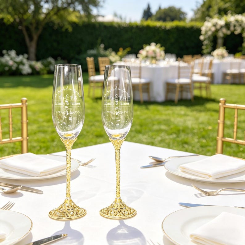 May include: Two clear glass champagne flutes with intricate gold-toned metal stems and bases. Each glass features white etched text that reads "Mr & Mrs" above the names "Emily & James" with decorative flourishes, set on a white tablecloth.