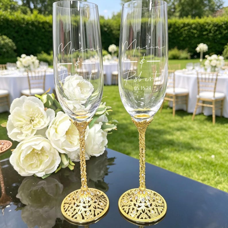 Personalized Wedding Champagne Flutes Set of 2, Custom Mr & Mrs Toasting Glasses, Bow Pearl Heart Styles, Engraved Engagement Wedding Gift image 5